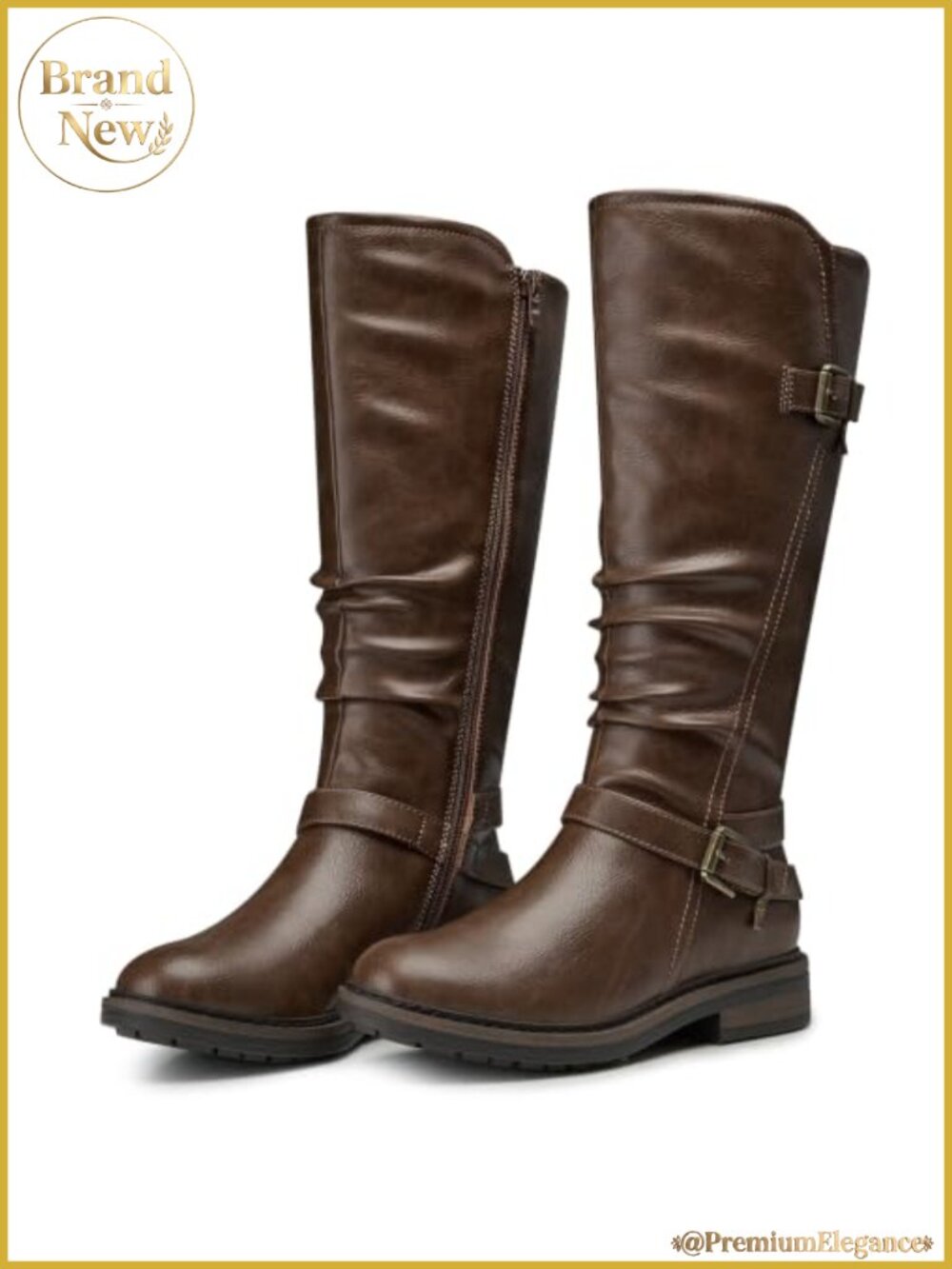 Women's Knee High Boots Faux Leather Low Heel Round Toe Tall Wide Calf Zip